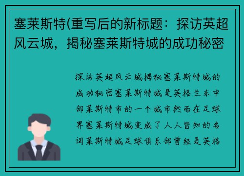 塞莱斯特(重写后的新标题：探访英超风云城，揭秘塞莱斯特城的成功秘密)